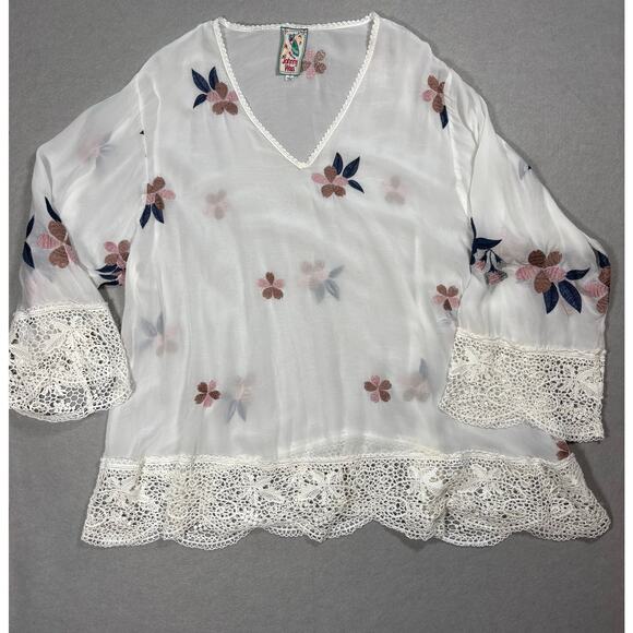 Johnny Was Boho White Dahlia Georgette Blouse Lace Embroidery 3X - Picture 1 of 11